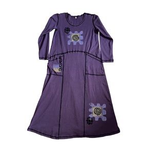Vintage 90s Lagenlook UnbrandedPurple Long Sleeve Hand Painted Dress Size Small
